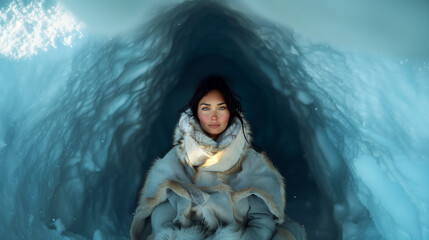 Indigenous woman in fur, framed by icy cave.