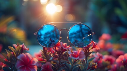 round sunglasses with reflective lenses, catching the light against a backdrop of vibrant tropical teal, evoking the carefree spirit and adventurous style of summertime escapades