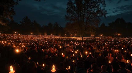 People sing the national anthem and hold candles at night,