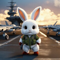 A cute fluffy rabbit pilot walking on a military aircraft carrier, unreal engine render, 8k, cinematic - obrazy, fototapety, plakaty