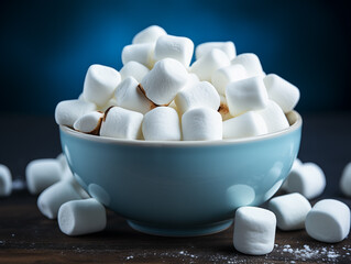Fototapeta na wymiar Bowl of fluffy white marshmallows on dark background