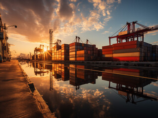 Sunset at industrial port with shipping containers