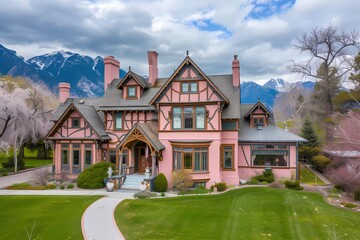 Fototapeta na wymiar A bird's-eye view capturing the elegance of a craftsman-style house facade in pale coral pink, set against a backdrop of mountains.