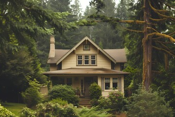 Fototapeta na wymiar A cozy craftsman house featuring a light beige exterior, nestled amidst tall evergreen trees.