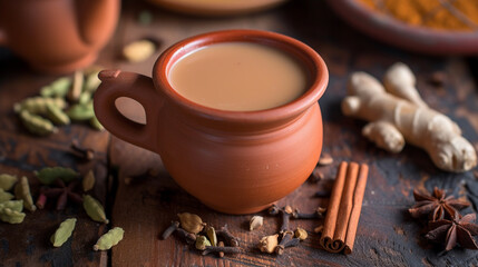 Fototapeta na wymiar A cup of chai with hot tea, boiled with milk, sugar, and spices, such as cardamom, ginger, and cloves, and served in a clay pot.