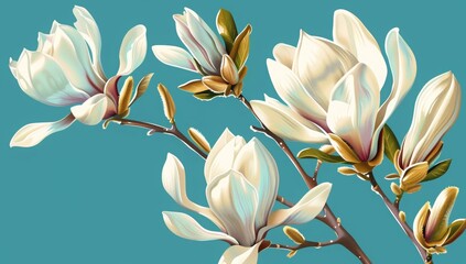 A card with the inscription "1 May!" on it, a magnolia tree branch drawn in the style of vector art, turquoise background with elegant calligraphy for the spring holiday. A greeting card or banner