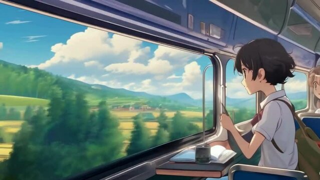 the rhythmic motion of a train journey through picturesque countryside, with passengers gazing out the window at passing scenery, cute Lofi loop anime Seamless looping animation.