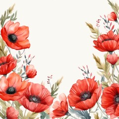 watercolor border with poppy flowers isolated on white background