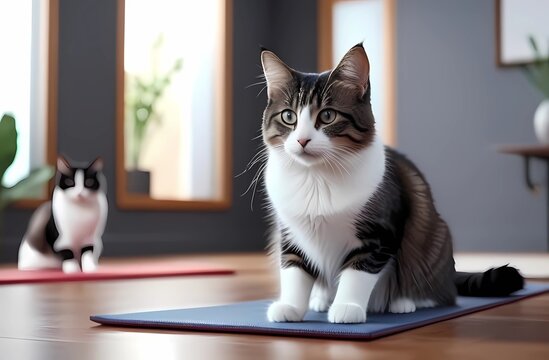 Cats exercise on a yoga mat at the gym. Funny picture for fitness studios 