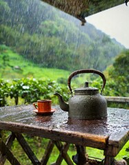 old kettle rain table on the tea