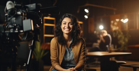 woman sitting in filmmaking studio smiling and speaking with video crew - obrazy, fototapety, plakaty