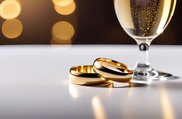 Engagement rings on the background of champagne glasses. Atmosphere of love and celebration. Engagement rings for two lovers 