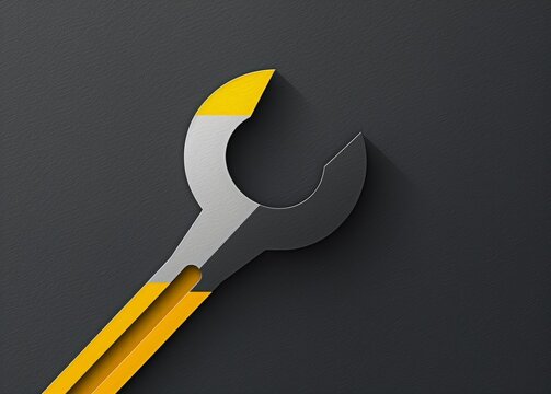 1 May International labor day card with yellow and gray color, in the style of minimalism, flat design. A wrench symbol in a paper cutout shape on a dark background. illustration for a web banner