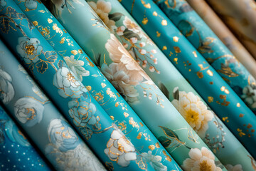 Blue Wrapping Paper Rolls Floral Patterns Gold Accents: Elegant Rolls of Gift Wrapping Paper with Floral Prints for Presents, Celebrations, Birthday, Christmas  