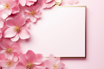 Fototapeta na wymiar Pink flowers and white card on pink background