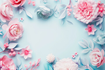 Blue background with pink and white flowers