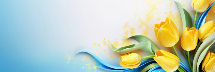 Yellow tulip bouquet on blue and white background