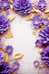 Purple flowers with gold leaves on white background