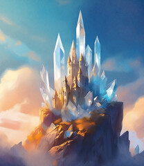 A fantastical crystal castle generated using AI tools on Adobe Firefly and then edited for quality and texture by hand in Adobe Photoshop. Graphic asset for fantasy art, reference and inspiration