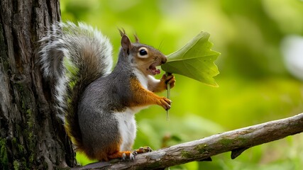 Naklejka na ściany i meble Forest Newscaster: Squirrel Proclaims the Day's Nut Report. Concept Humorous, Satirical, Animal News, Nature, Daily Report
