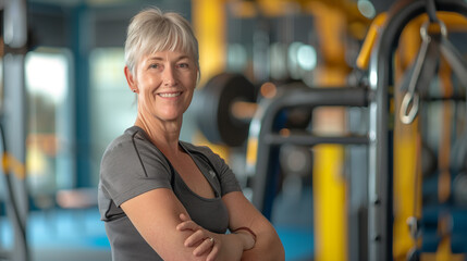A fitness class with active seniors doing pilates or yoga or running