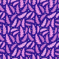 Pink and purple shaded feathers and colorful dots floating against the night sky. Attractive colorful surface art pattern on blue backdrop for printing or for use in graphic design projects.