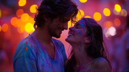 Blurred Chaos: Couple Sharing a Quiet Moment at Holi, generative ai