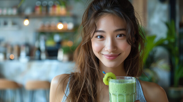 Une belle jeune femme asiatique de 20 ans boit un cocktail fruit&eacute; ou jus vert detox au kiwi, boisson sant&eacute;, jeunesse et vitalit&eacute; en vacances