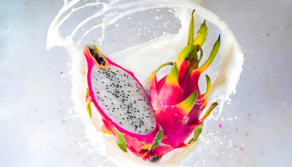 Visual Representation of the Moment a Falling Dragon Fruit Collides with Water and Milk, Transformed into an Artistic Scene. Slice and Splashes.
