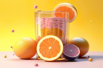 Colorful Citrus Assortment with Glass on Yellow Background. Generative AI