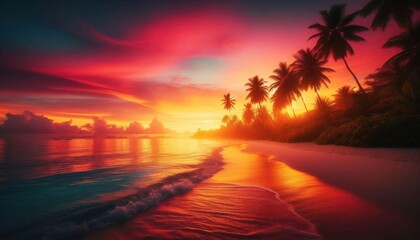 Tropical sea sunset on beach with Palm Trees Silhouettes panorama - obrazy, fototapety, plakaty