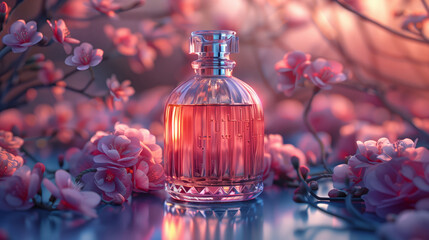 Obraz na płótnie Canvas A luxury pink glass perfume bottle on cherry blossom flowers garden with evening light background, a wide banner with copy space area