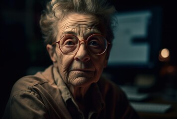 Elderly Woman with Glasses in Front of Computer. Generative AI