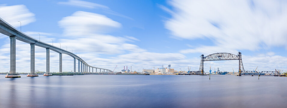 The Jordan Bridge over the Elizabeth River on the border of Norfolk and Chesapeake Virginia in bright midday weather