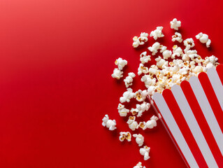 popcorn in a red box and popcorn scattered over a red background