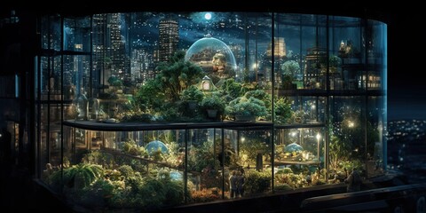 Urban Glasshouse Oasis with Night Skyline and Observers. Generative AI