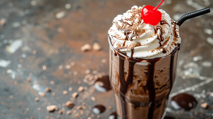 A decadent chocolate milkshake topped with swirls of whipped cream, chocolate sauce, and a cherry on top.