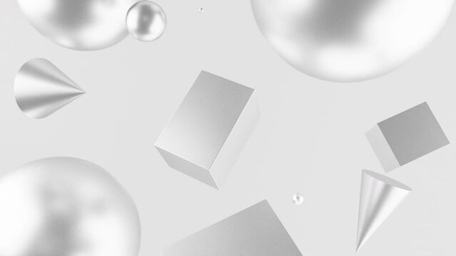 3D render of primitives objects with reflective silver materials on light background, 4K abstract seamless loop animated template, live wallpaper