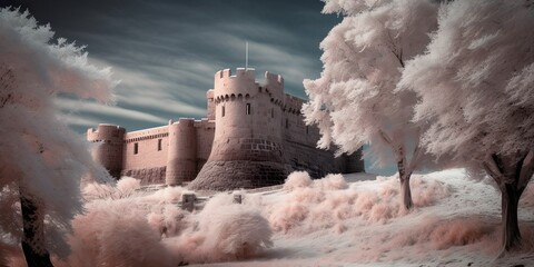 Infrared Photography of a Medieval Castle Amidst Ethereal Trees. Generative AI