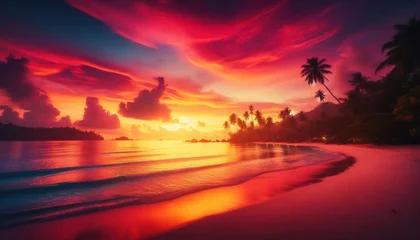 Foto op Aluminium Bordeaux Tropical sea sunset on beach with Palm Trees Silhouettes panorama