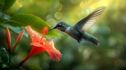 Obraz premium Colorful Hummingbird Sipping Nectar, generative ai