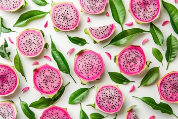 Dragon fruit slices with leaves arranged creatively, isolated on white