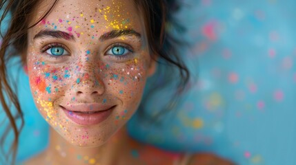 Sparkling Eyes: Smiling Woman Covered in Holi Powder, generative ai