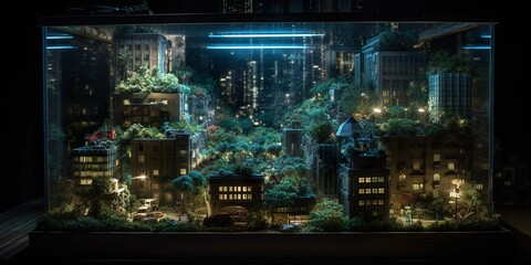 Miniature Urban Jungle Encased in Glass at Night. Generative AI - obrazy, fototapety, plakaty
