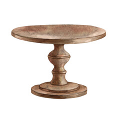 Illustration of an antique table with a round wooden top and ornate leg. Isolated watercolor illustration in vintage style. Hand drawn composition for interior, wedding design, invitations, cards. © ValentinaSova