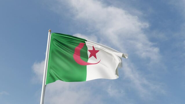 flag of algeria on a blue sky, waving in the wind, symbol of the algerian people, african country, maghreb, green and red crescent moon with star, tall flagpole, sunny day