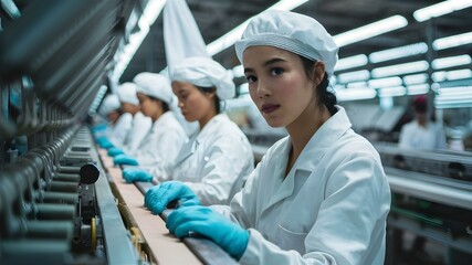 Workers Monitoring Textile Manufacturing Line. Concept Factory Operations, Textile Production, Worker Supervision, Manufacturing Monitoring, Workplace Safety - obrazy, fototapety, plakaty