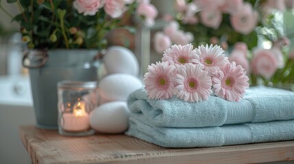 Fresh flower arrangements complement Easter-themed towels for a festive touch