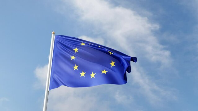 flag in the wind, european union flag, UE, EU, flag on a flagpole, blue sky, patriotism, europe symbol, states, countries, union, waving in the wind