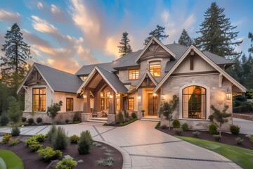 A craftsman house exterior in a warm beige color, featuring a gabled roof, stone accents, and lush landscaping. - obrazy, fototapety, plakaty